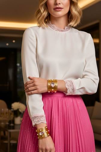 combo of two pink crystal cz ad stone gold-plated adjustable cuff bangle bracelet