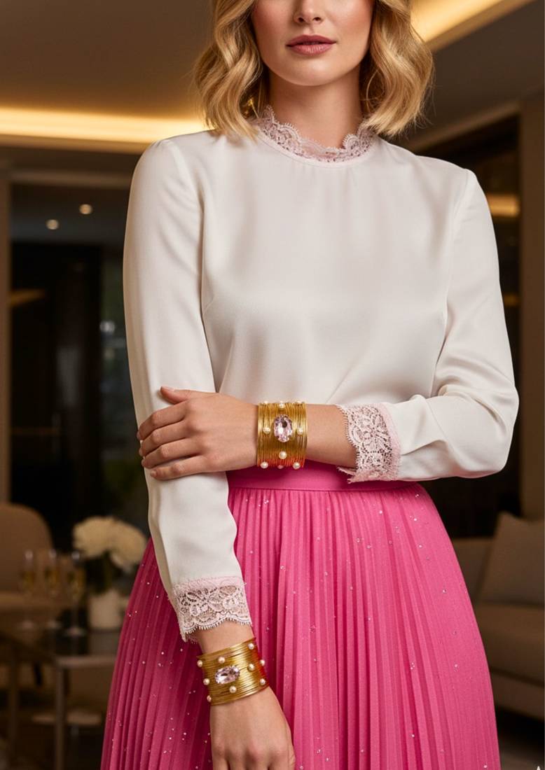 combo of two pink crystal cz ad stone gold-plated adjustable cuff bangle bracelet