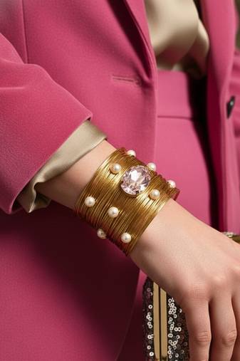 pink crystal cz  ad stone gold-plated fancy adjustable cuff bangle bracelet