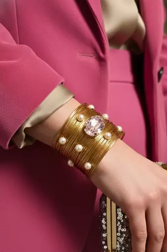 pink crystal cz  ad stone gold-plated fancy adjustable cuff bangle bracelet