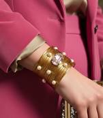 pink crystal cz  ad stone gold-plated fancy adjustable cuff bangle bracelet