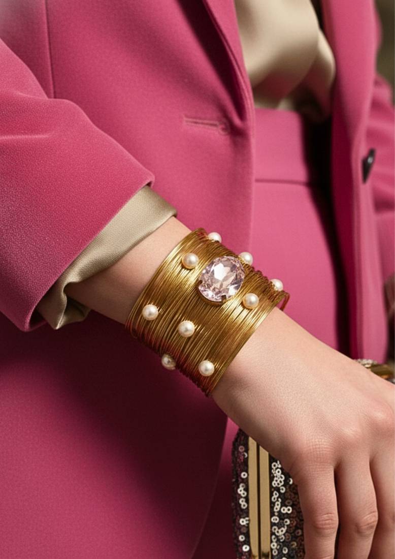 pink crystal cz  ad stone gold-plated fancy adjustable cuff bangle bracelet