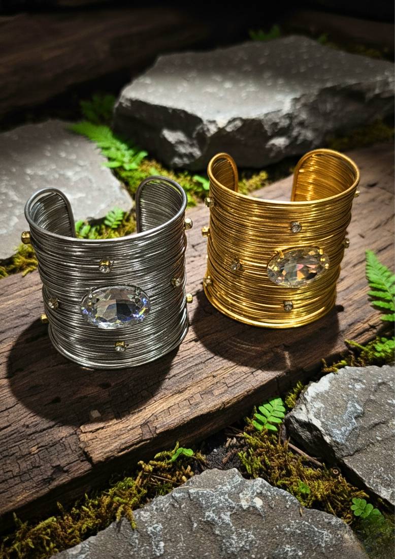 combo of ad crystal stone gold & rhodium-plated adjustable cuff bangle bracelet