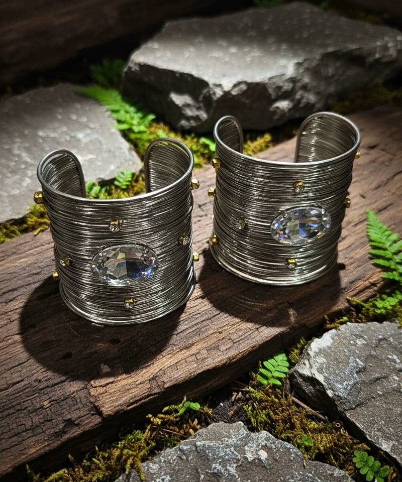 combo of  american diamond ad crystal stone rhodium-plated adjustable cuff bangle bracelet