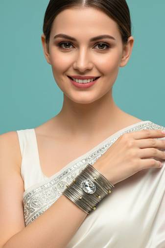 american diamond ad crystal stone rhodium-plated daily wear adjustable cuff bangle bracelet