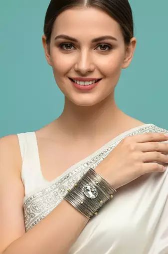 american diamond ad crystal stone rhodium-plated daily wear adjustable cuff bangle bracelet