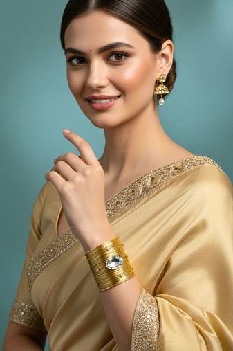 american diamond ad crystal stone gold-plated daily wear adjustable cuff bangle bracelet