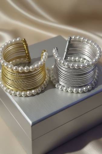 Combo of two mess wire pearl stone gold & silver-plated cuff bangle bracelet