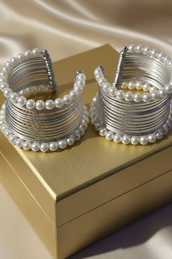 Combo of two mess wire pearl stone silver-plated cuff bangle bracelet