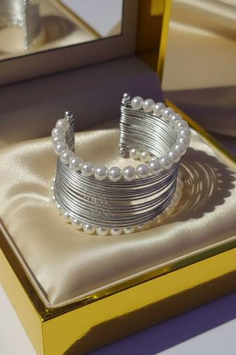 Mess wire pearl stone silver-plated daily wear adjustable cuff bangle bracelet