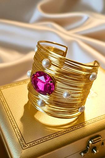 combo of two hot pink crystal cz ad stone gold-plated adjustable cuff bangle bracelet