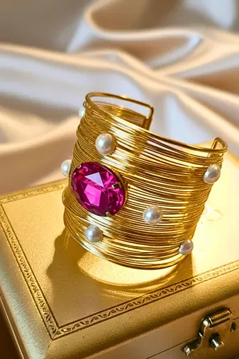 combo of two hot pink crystal cz ad stone gold-plated adjustable cuff bangle bracelet