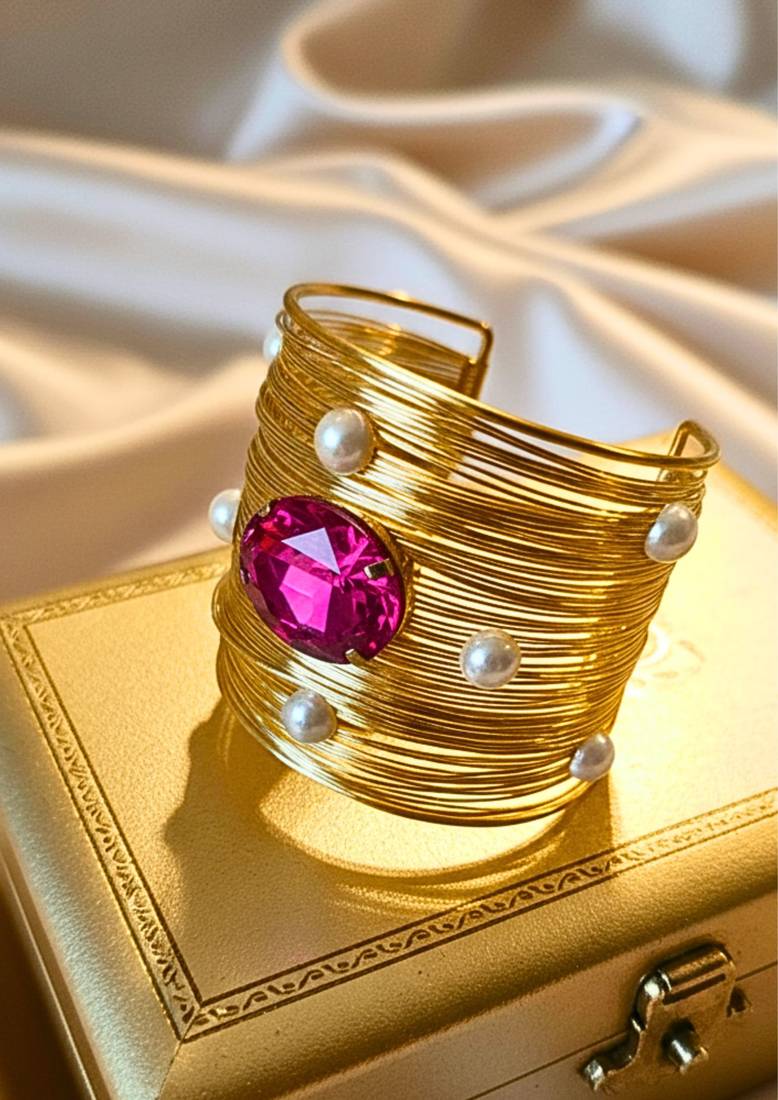 combo of two hot pink crystal cz ad stone gold-plated adjustable cuff bangle bracelet