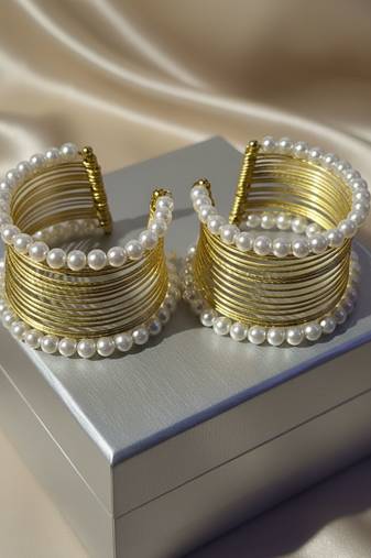 Combo of two mess wire pearl stone gold-plated cuff bangle bracelet