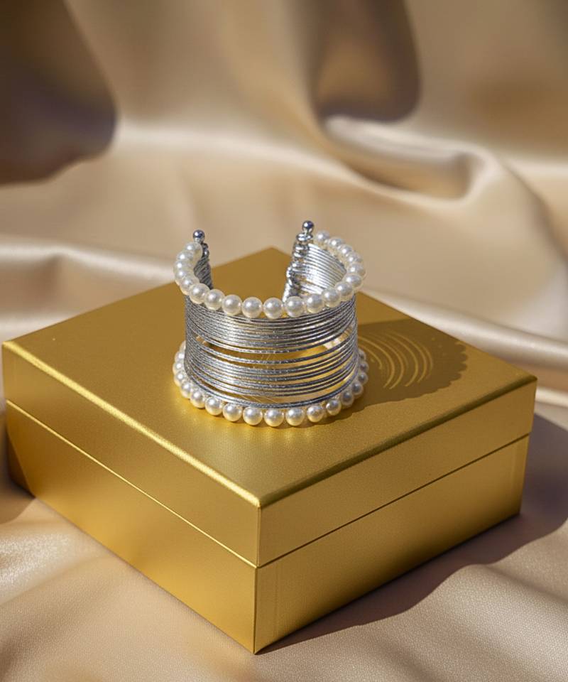 Mess wire pearl stone silver-plated daily wear adjustable cuff bangle bracelet