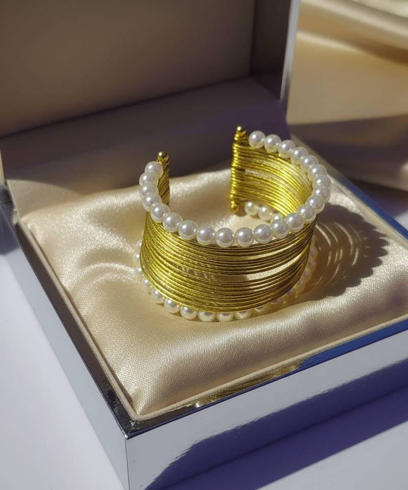 Combo of two mess wire pearl stone gold & silver-plated cuff bangle bracelet