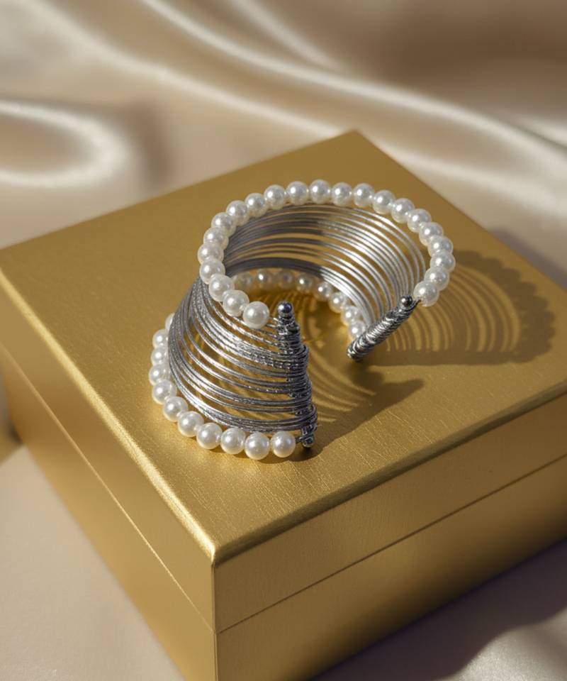 Mess wire pearl stone silver-plated daily wear adjustable cuff bangle bracelet