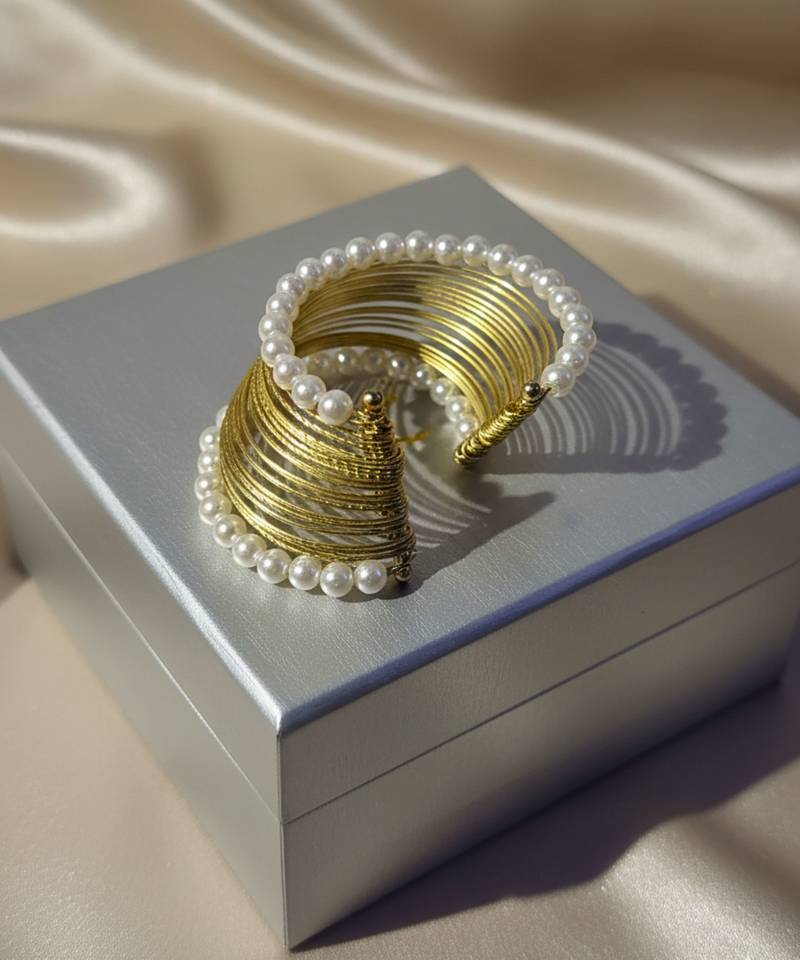 Mess wire pearl stone gold-plated daily wear adjustable cuff bangle bracelet