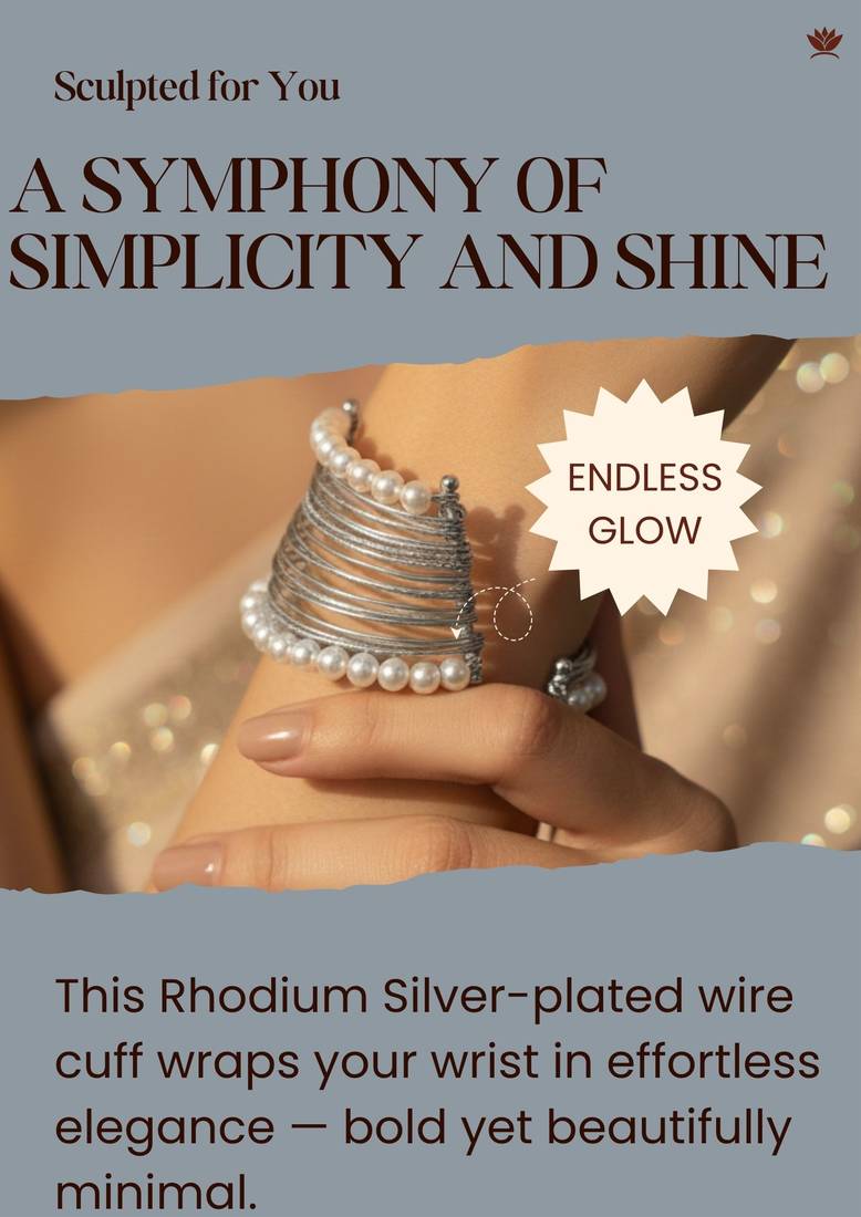 Mess wire pearl stone silver-plated daily wear adjustable cuff bangle bracelet