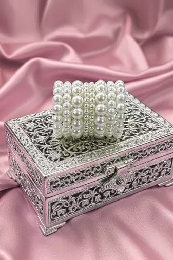 combo of two multi-layered adjustable aaa pearl bracelet with rhodium-plated wire