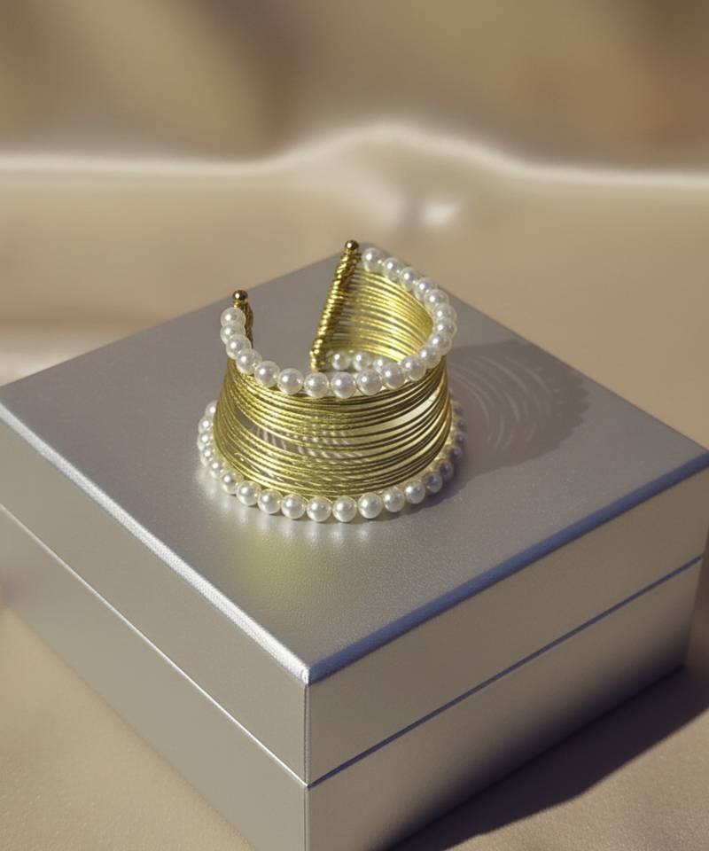 Combo of two mess wire pearl stone gold-plated cuff bangle bracelet