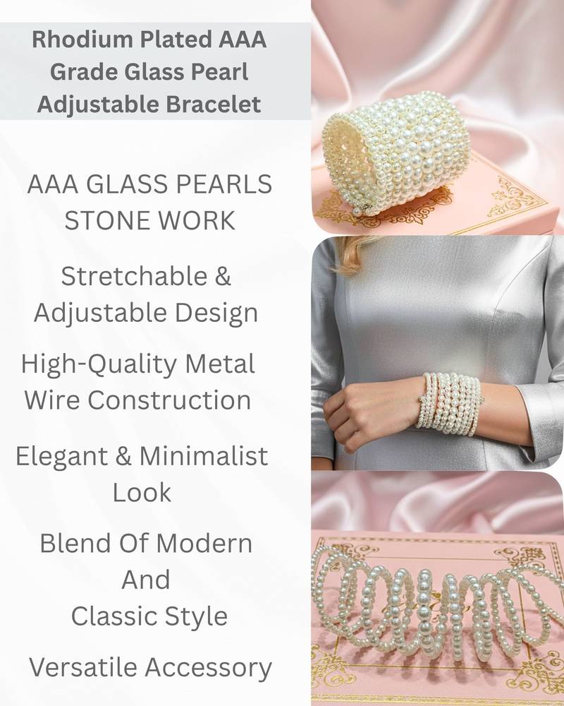 combo of two multi-layered adjustable aaa pearl bracelet with rhodium-plated wire