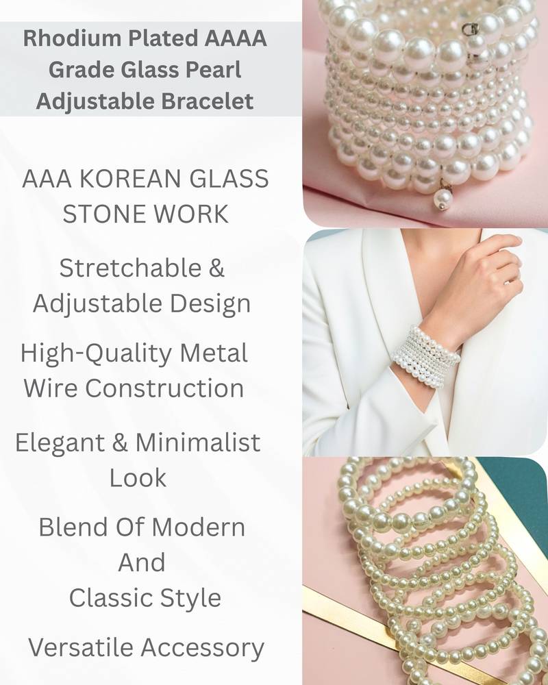 multi-layered adjustable aaa pearl bracelet with rhodium-plated wire