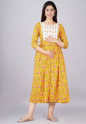 Women floral printed round neck  cotton maternity dress 1