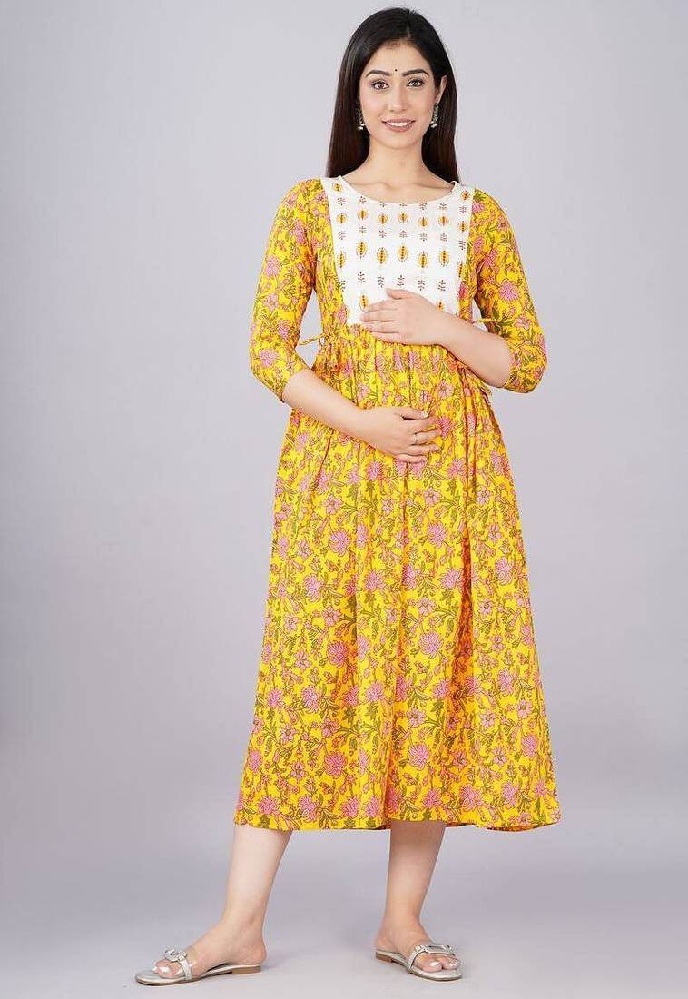 Women floral printed round neck pure cotton maternity dress