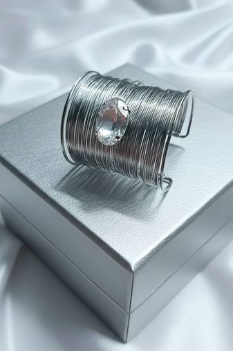 white crystal cz  ad stone silver-plated fancy adjustable cuff bangle bracelet