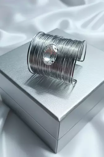 white crystal cz  ad stone silver-plated fancy adjustable cuff bangle bracelet