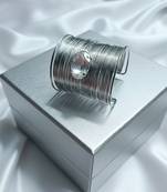 white crystal cz  ad stone silver-plated fancy adjustable cuff bangle bracelet