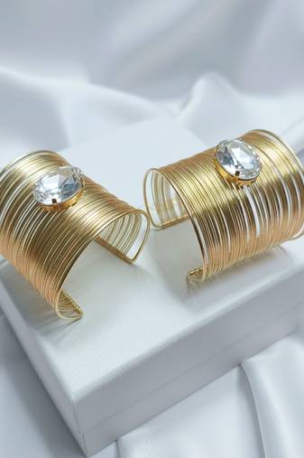 combo of two white crystal cz ad stone gold-plated adjustable cuff bangle bracelet