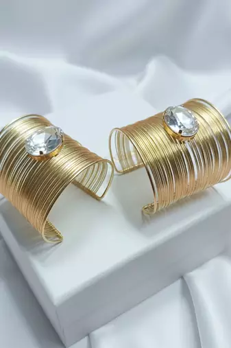 combo of two white crystal cz ad stone gold-plated adjustable cuff bangle bracelet