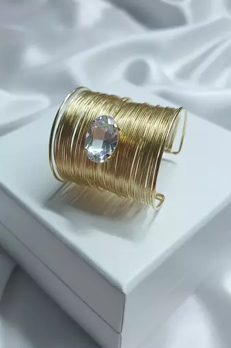 white crystal cz  ad stone gold-plated fancy adjustable cuff bangle bracelet