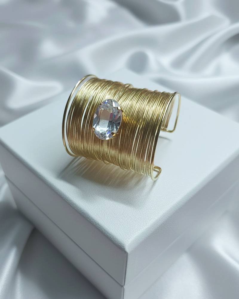 combo of two white crystal cz ad stone gold-plated adjustable cuff bangle bracelet