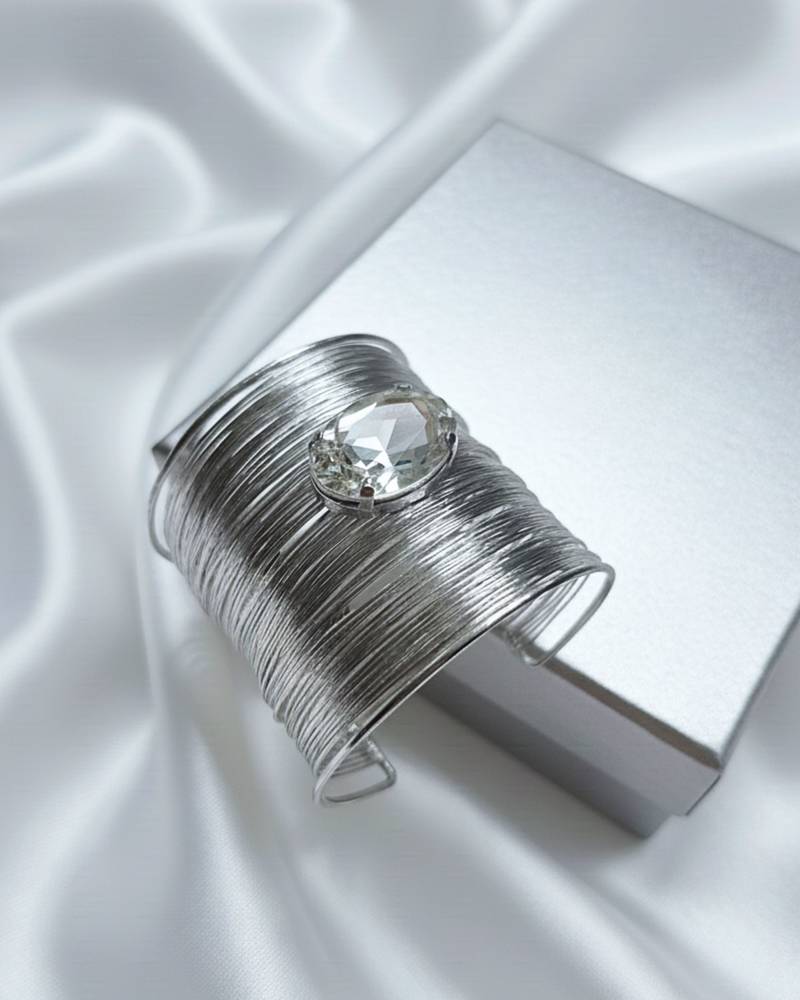 white crystal cz  ad stone silver-plated fancy adjustable cuff bangle bracelet