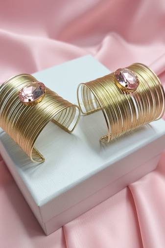 combo of two pink crystal cz ad stone gold-plated adjustable cuff bangle bracelet