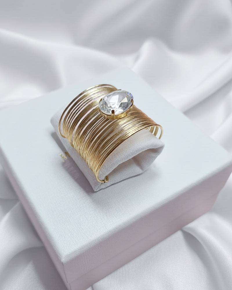 white crystal cz  ad stone gold-plated fancy adjustable cuff bangle bracelet