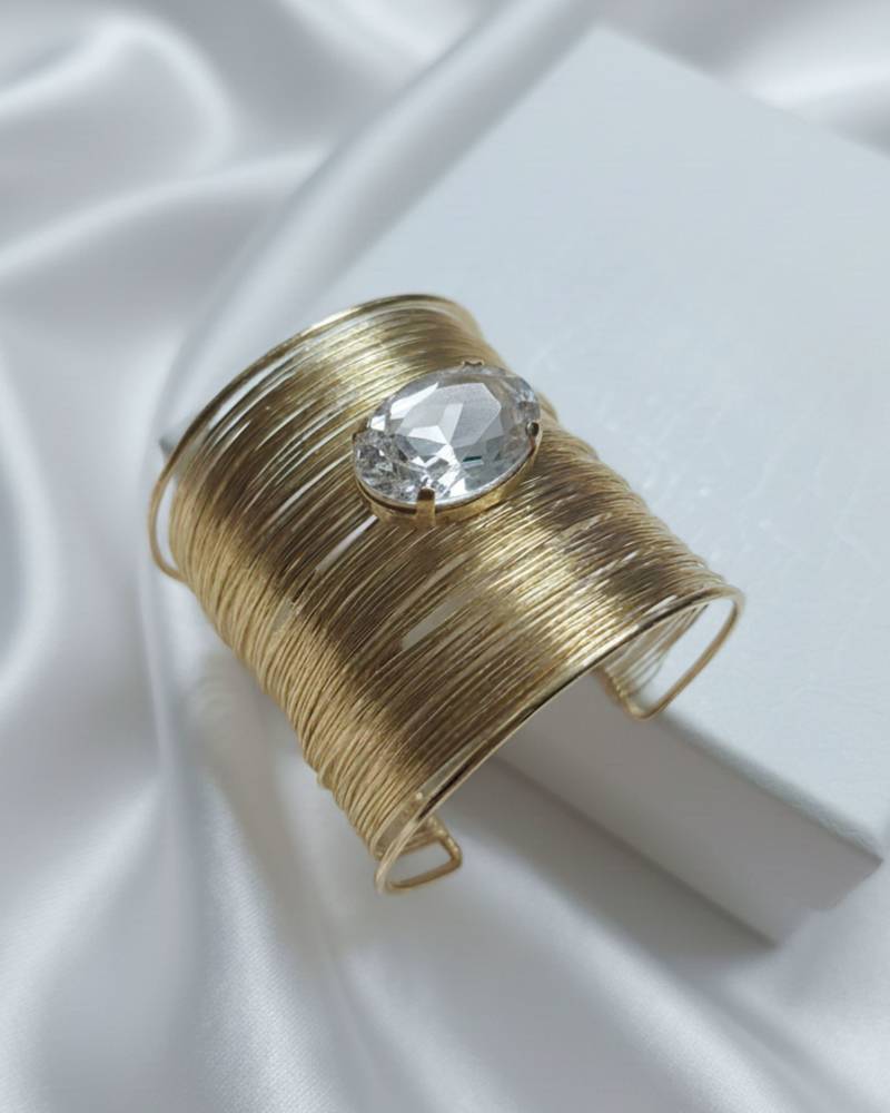 combo of two white crystal cz ad stone gold-plated adjustable cuff bangle bracelet