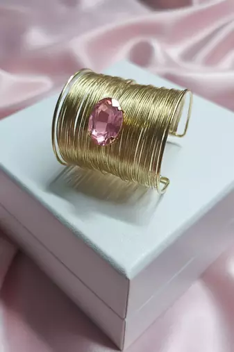 pink crystal cz  ad stone gold-plated fancy adjustable cuff bangle bracelet