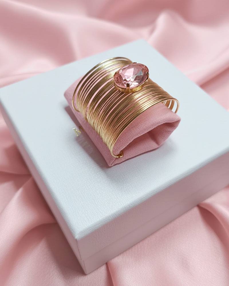 pink crystal cz  ad stone gold-plated fancy adjustable cuff bangle bracelet