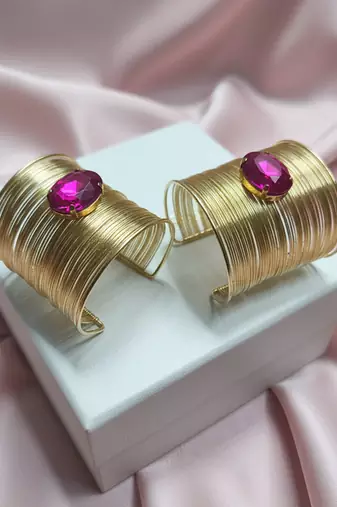 combo of two hot pink crystal cz ad stone gold-plated adjustable cuff bangle bracelet