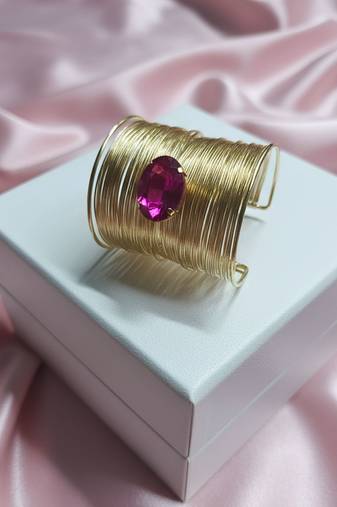 hot pink crystal cz ad stone gold-plated fancy adjustable cuff bangle bracelet