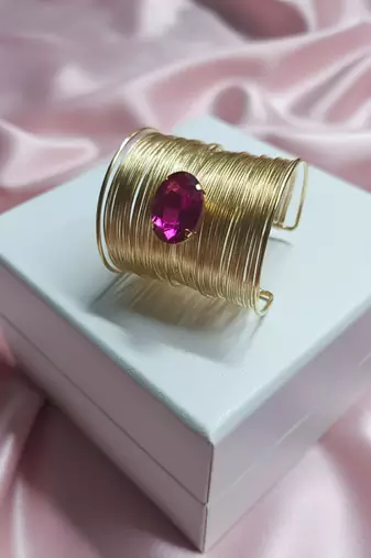 hot pink crystal cz ad stone gold-plated fancy adjustable cuff bangle bracelet