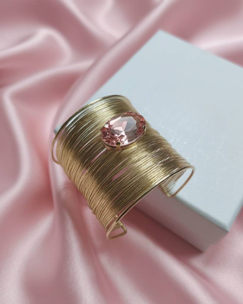 pink crystal cz  ad stone gold-plated fancy adjustable cuff bangle bracelet
