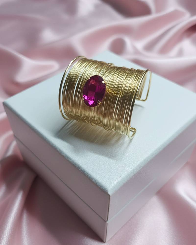 combo of two hot pink crystal cz ad stone gold-plated adjustable cuff bangle bracelet