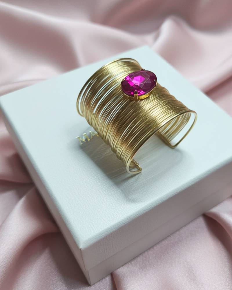 hot pink crystal cz ad stone gold-plated fancy adjustable cuff bangle bracelet