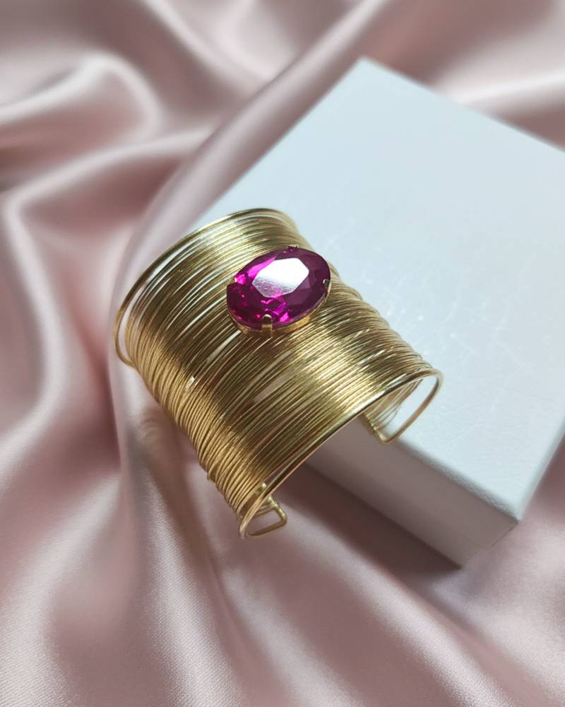 hot pink crystal cz ad stone gold-plated fancy adjustable cuff bangle bracelet