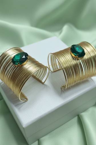 combo of two green crystal cz ad stone gold-plated adjustable cuff bangle bracelet